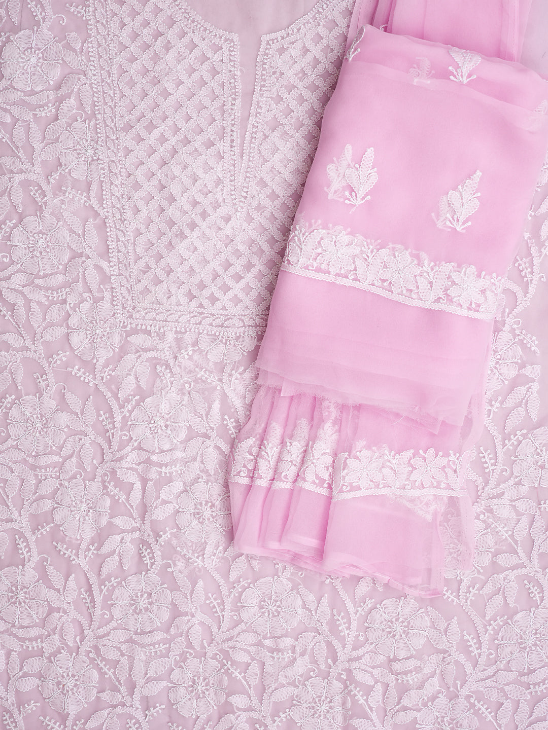 Ada Hand Embroidered Pink Faux Georgette Lucknowi Chikankari Unstitched Suit Piece 01A985247