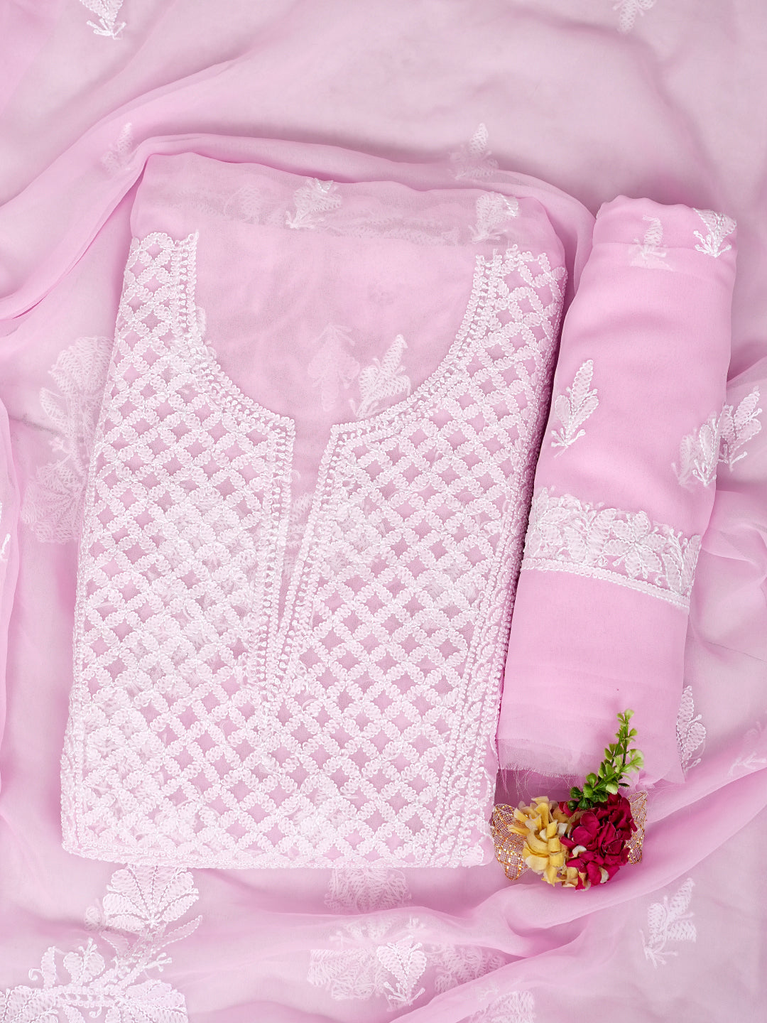 Ada Hand Embroidered Pink Faux Georgette Lucknowi Chikankari Unstitched Suit Piece 01A985247