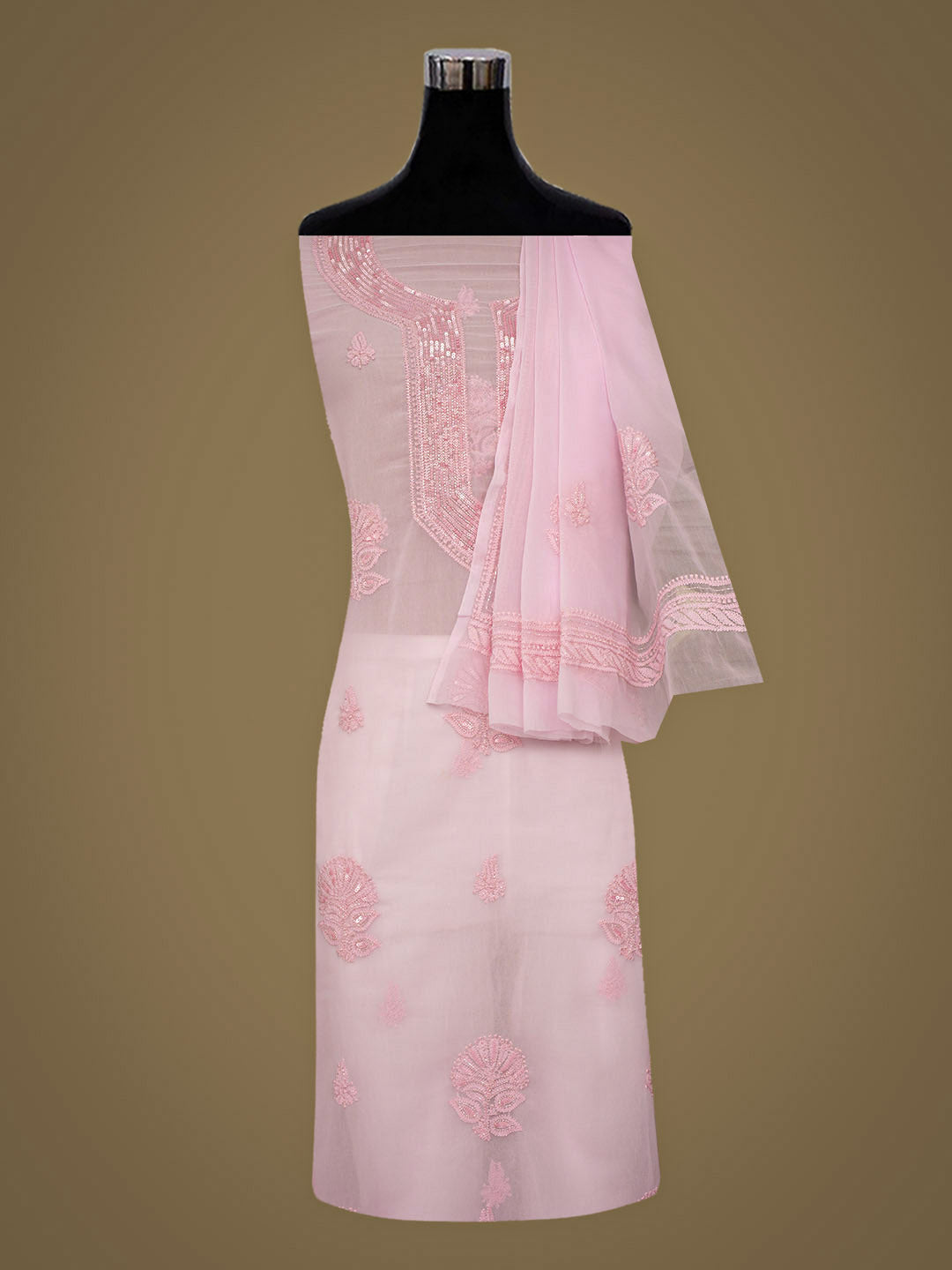 Ada Hand Embroidered Pink Faux Georgette Lucknowi Chikankari Unstitched Suit Piece With Cutdana & sequined Work 01A654784
