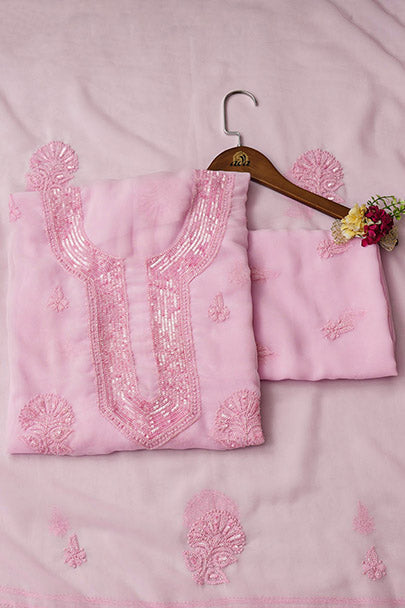 Ada Hand Embroidered Pink Faux Georgette Lucknowi Chikankari Unstitched Suit Piece With Cutdana & sequined Work 01A654784