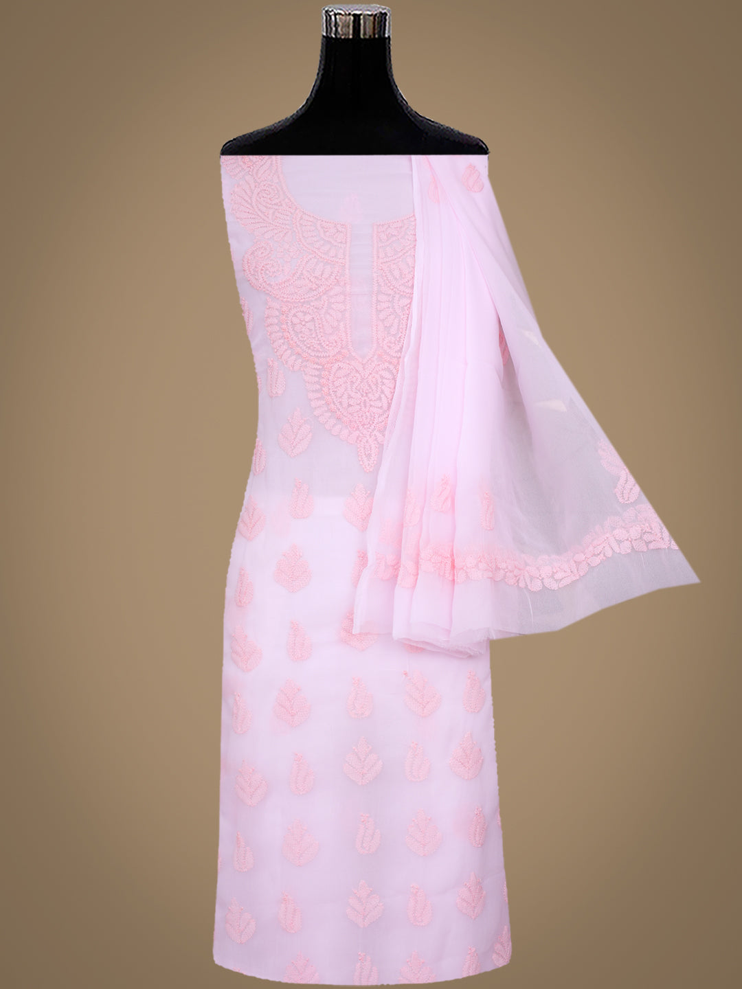 Ada Hand Embroidered Pink Faux Georgette Lucknowi Chikankari Unstitched Suit Piece With Pearl Work 01A1002586