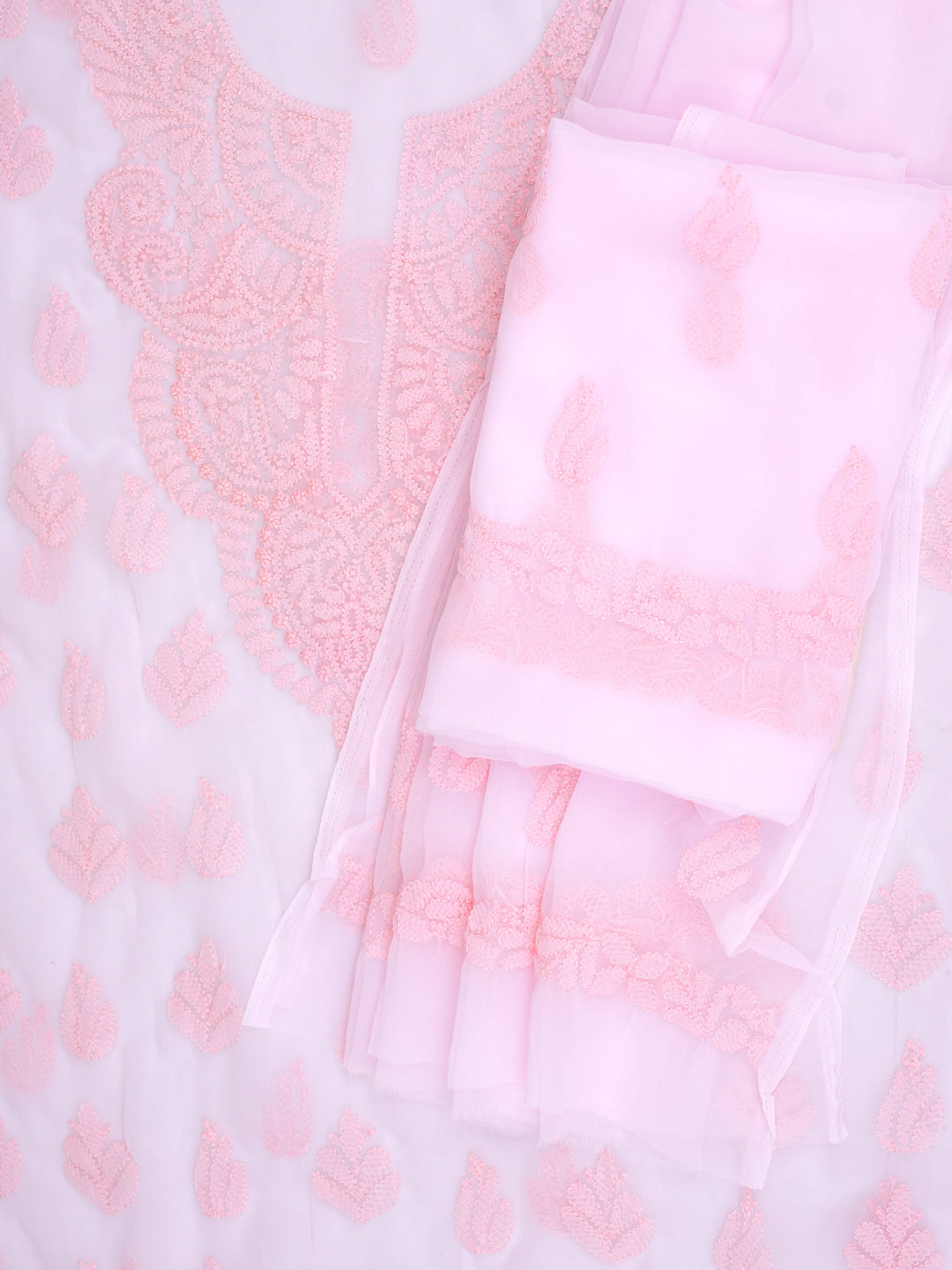 Ada Hand Embroidered Pink Faux Georgette Lucknowi Chikankari Unstitched Suit Piece With Pearl Work 01A1002586