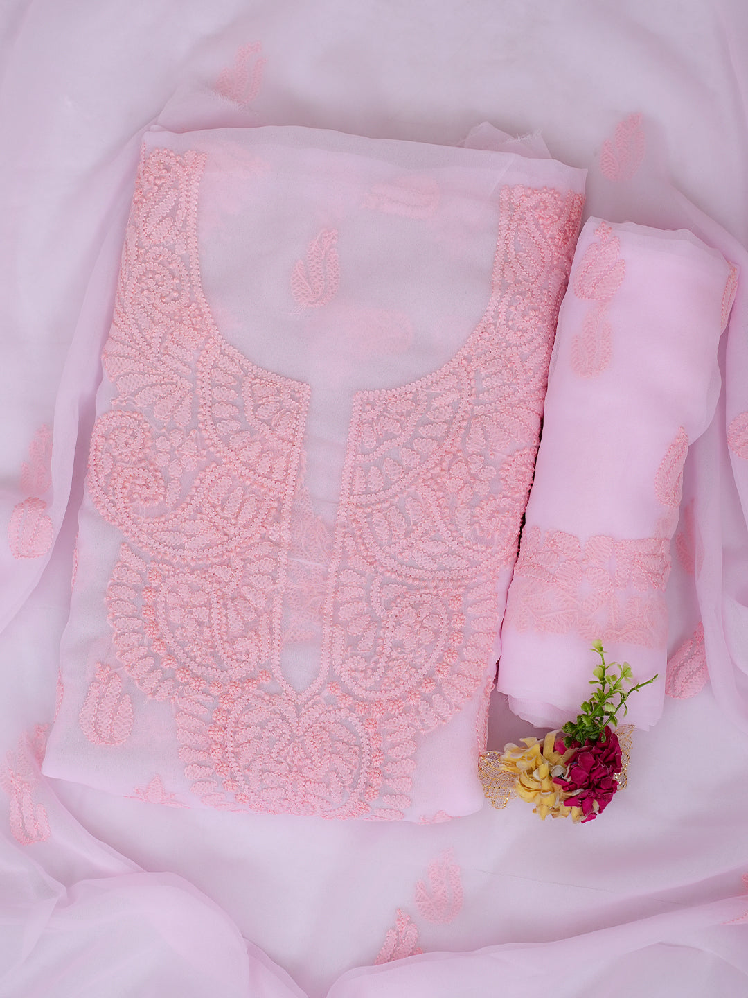 Ada Hand Embroidered Pink Faux Georgette Lucknowi Chikankari Unstitched Suit Piece With Pearl Work 01A1002586