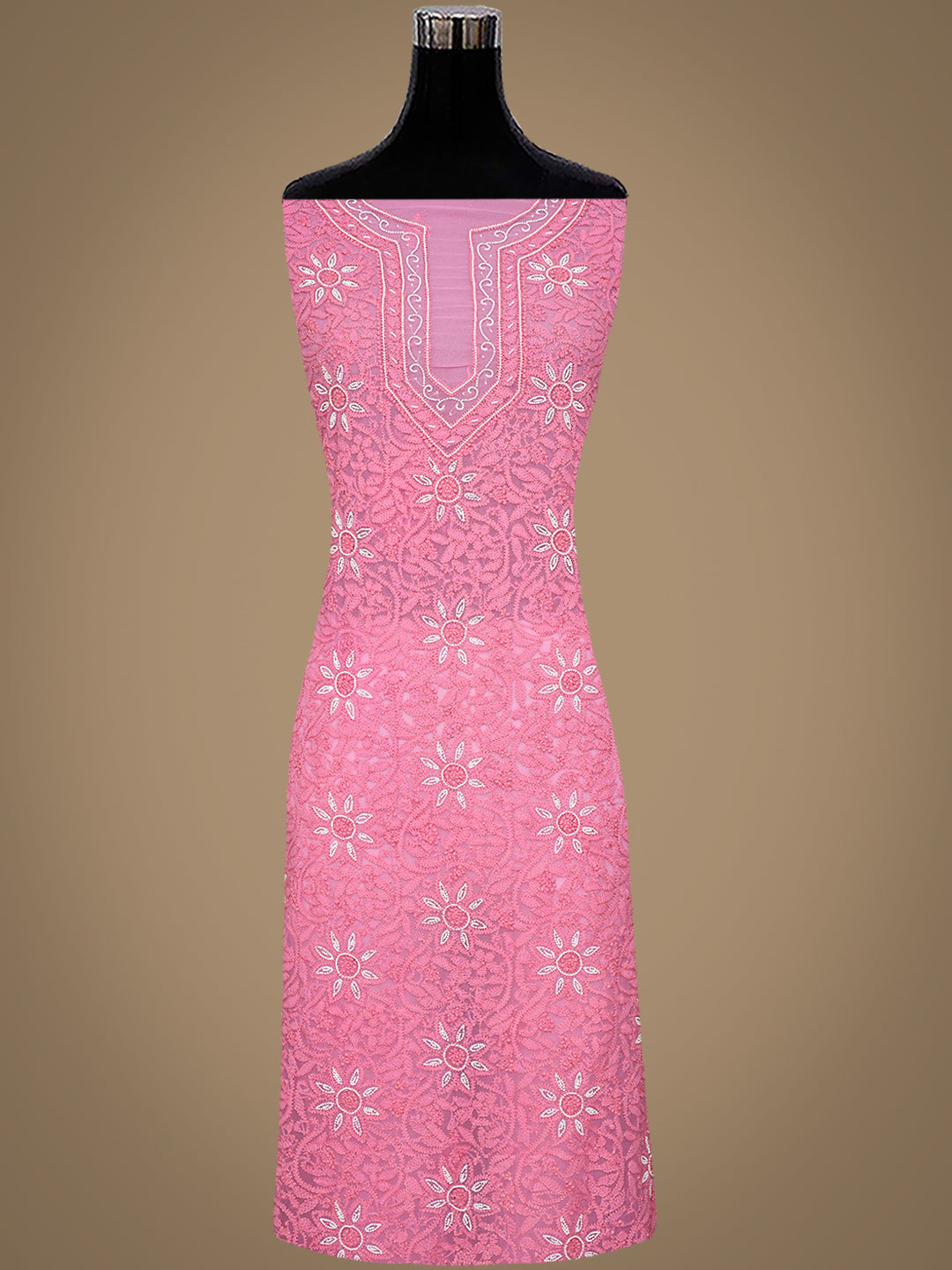 Ada Hand Embroidered Pink Faux Georgette Lucknowi Chikankari Unstitched Suit Piece With Pearl Work 01A998090