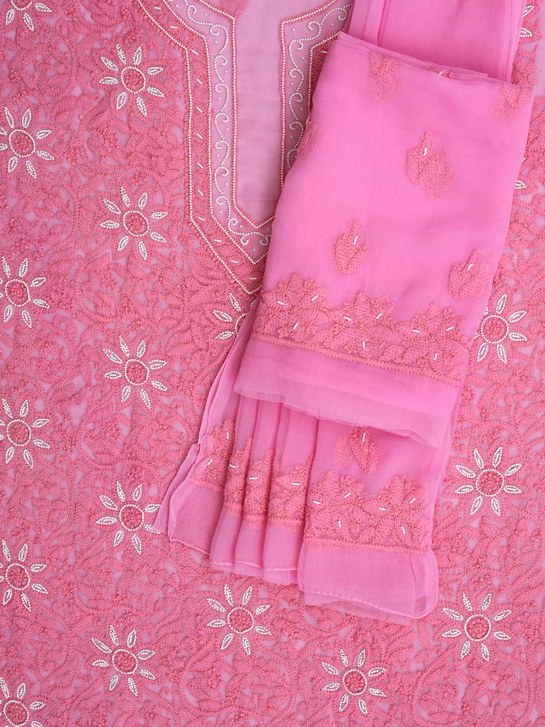Ada Hand Embroidered Pink Faux Georgette Lucknowi Chikankari Unstitched Suit Piece With Pearl Work 01A998090