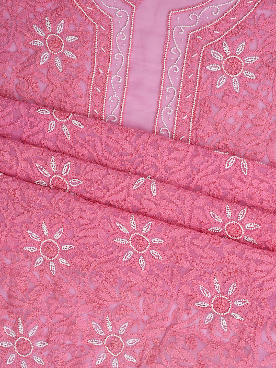 Ada Hand Embroidered Pink Faux Georgette Lucknowi Chikankari Unstitched Suit Piece With Pearl Work 01A998090