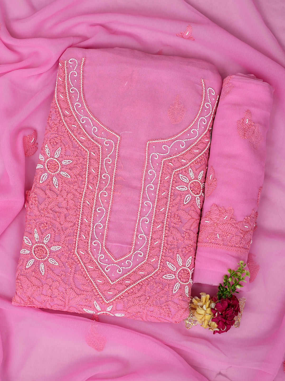 Ada Hand Embroidered Pink Faux Georgette Lucknowi Chikankari Unstitched Suit Piece With Pearl Work 01A998090