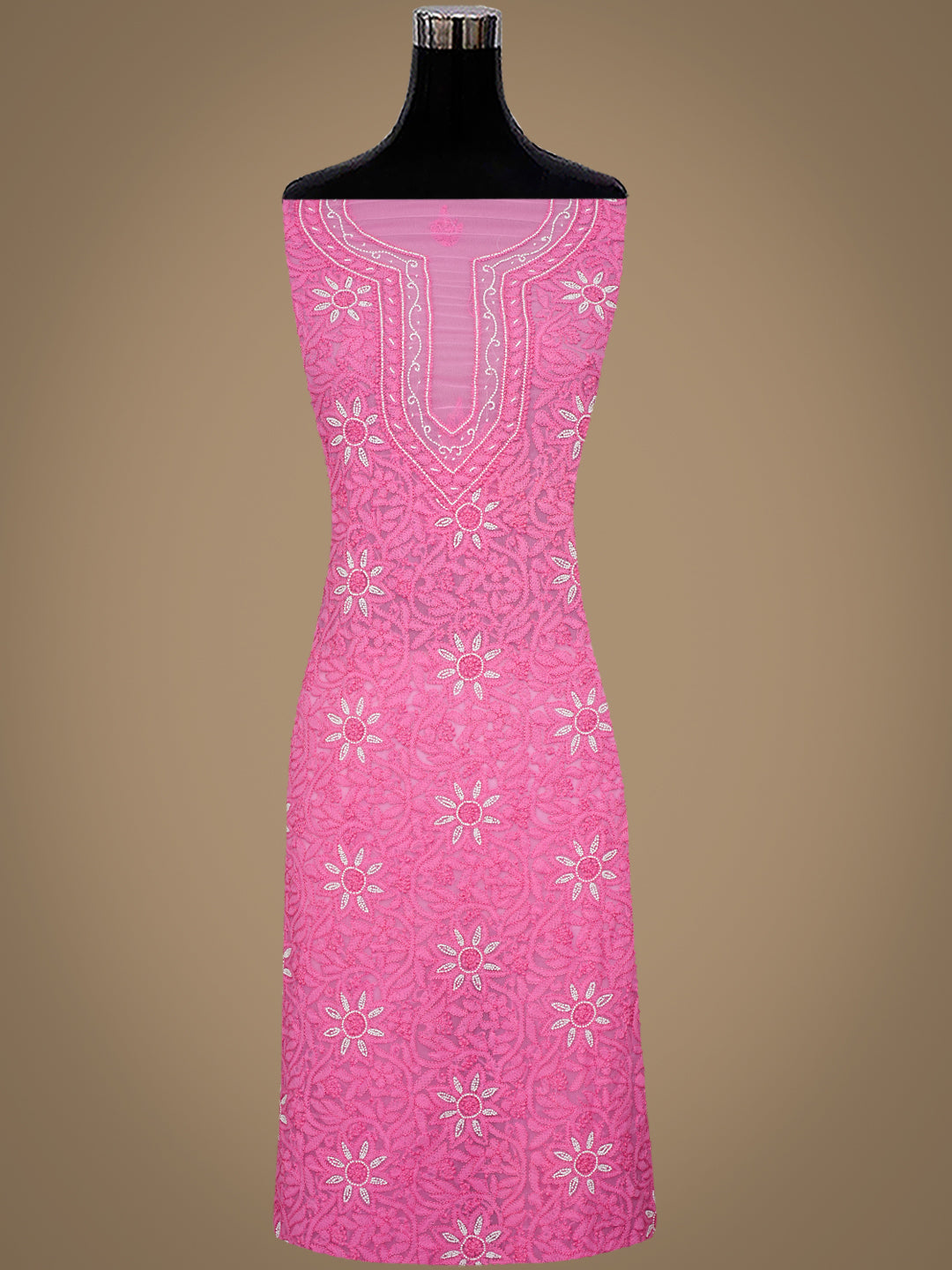 Ada Hand Embroidered Pink Faux Georgette Lucknowi Chikankari Unstitched Suit Piece With Pearl Work 01A998092