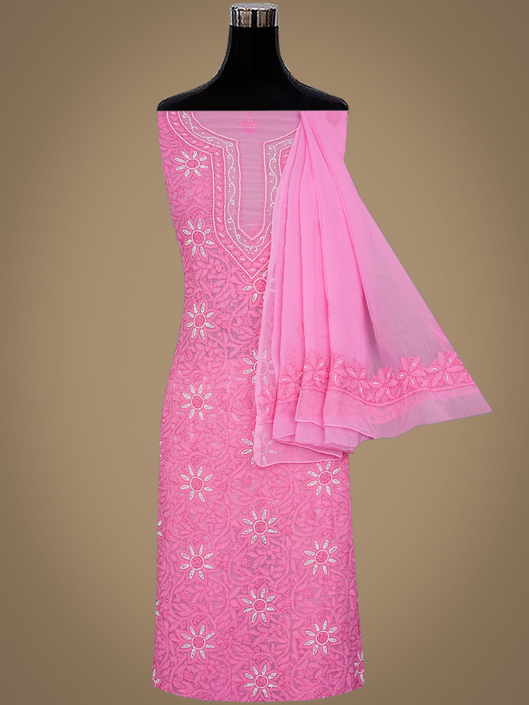 Ada Hand Embroidered Pink Faux Georgette Lucknowi Chikankari Unstitched Suit Piece With Pearl Work 01A998092
