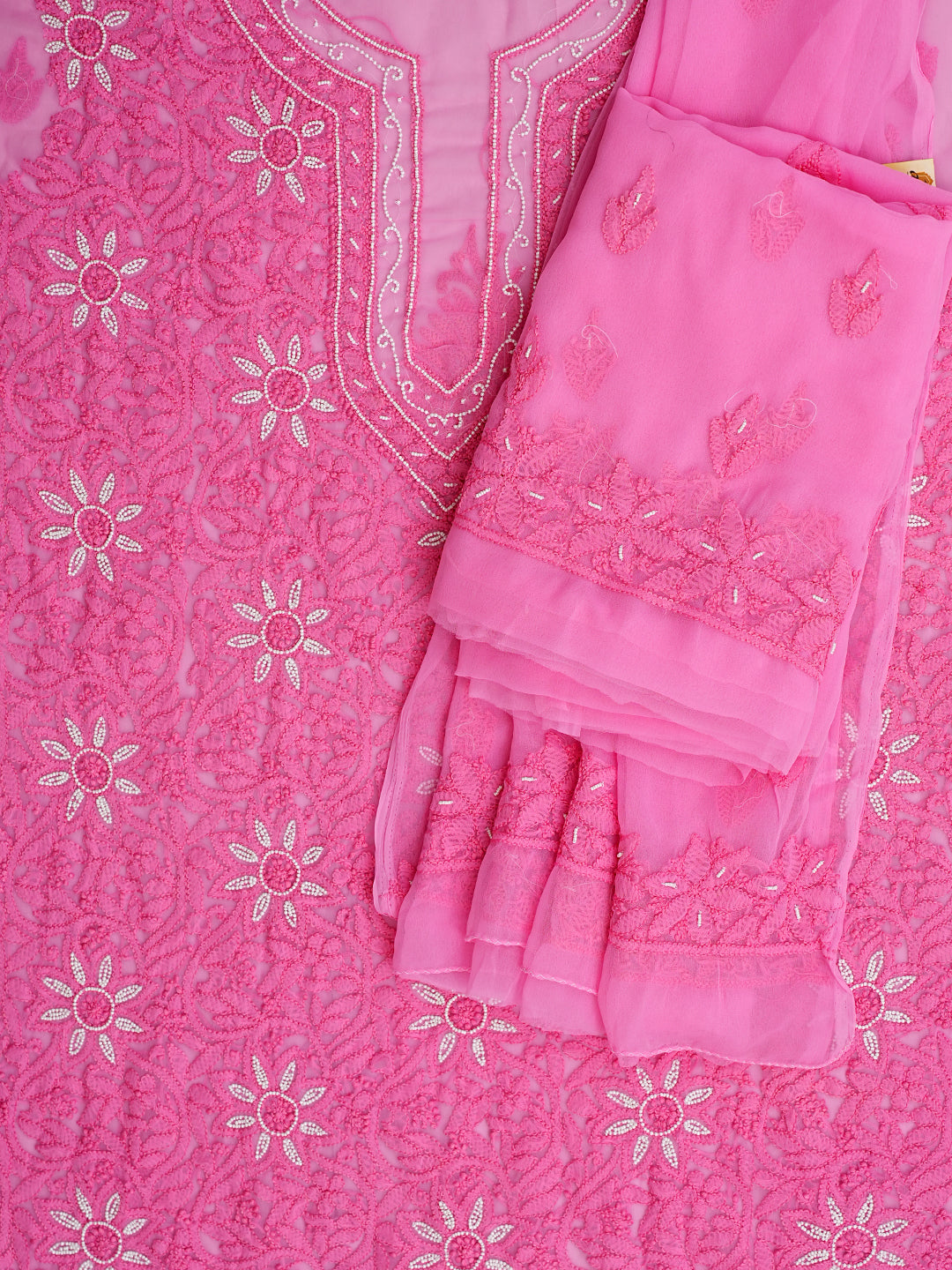 Ada Hand Embroidered Pink Faux Georgette Lucknowi Chikankari Unstitched Suit Piece With Pearl Work 01A998092