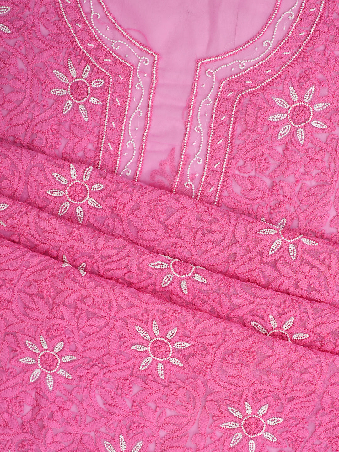 Ada Hand Embroidered Pink Faux Georgette Lucknowi Chikankari Unstitched Suit Piece With Pearl Work 01A998092