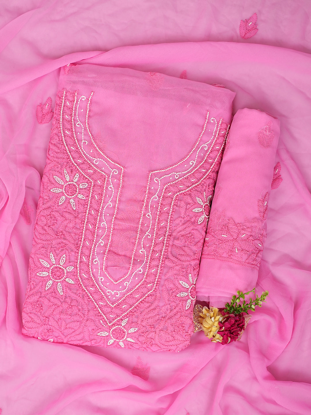 Ada Hand Embroidered Pink Faux Georgette Lucknowi Chikankari Unstitched Suit Piece With Pearl Work 01A998092