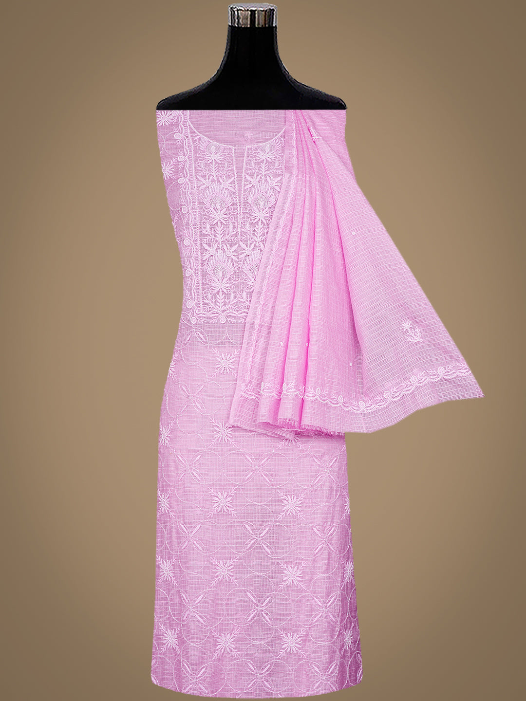 Ada Hand Embroidered Pink Kota Lucknowi Chikankari Unstitched Kurta Dupatta Set With Cutdana Work 01A911345