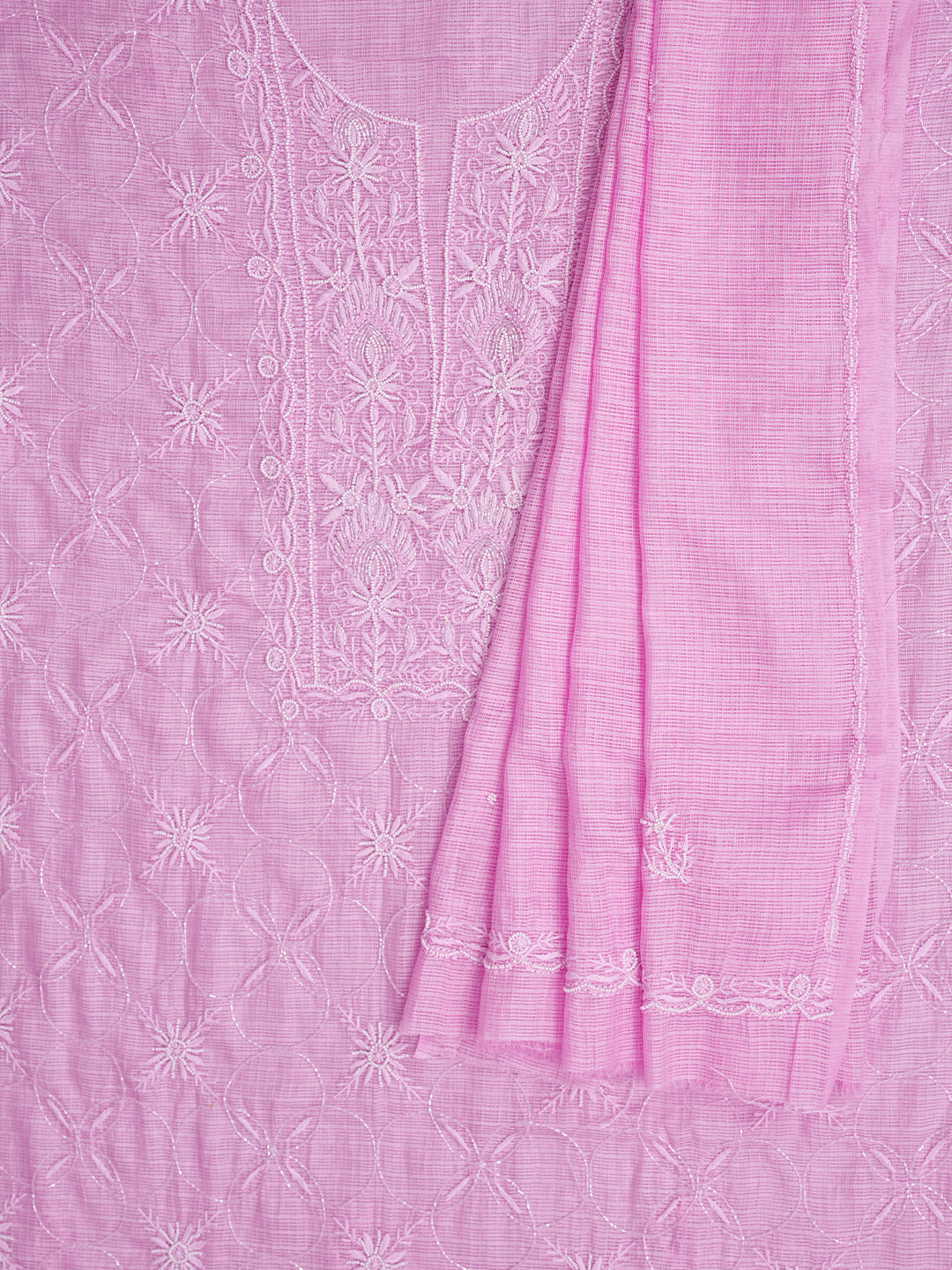 Ada Hand Embroidered Pink Kota Lucknowi Chikankari Unstitched Kurta Dupatta Set With Cutdana Work 01A911345