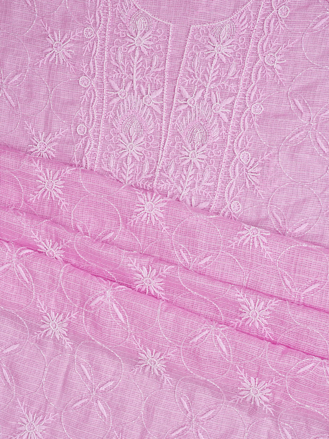 Ada Hand Embroidered Pink Kota Lucknowi Chikankari Unstitched Kurta Dupatta Set With Cutdana Work 01A911345