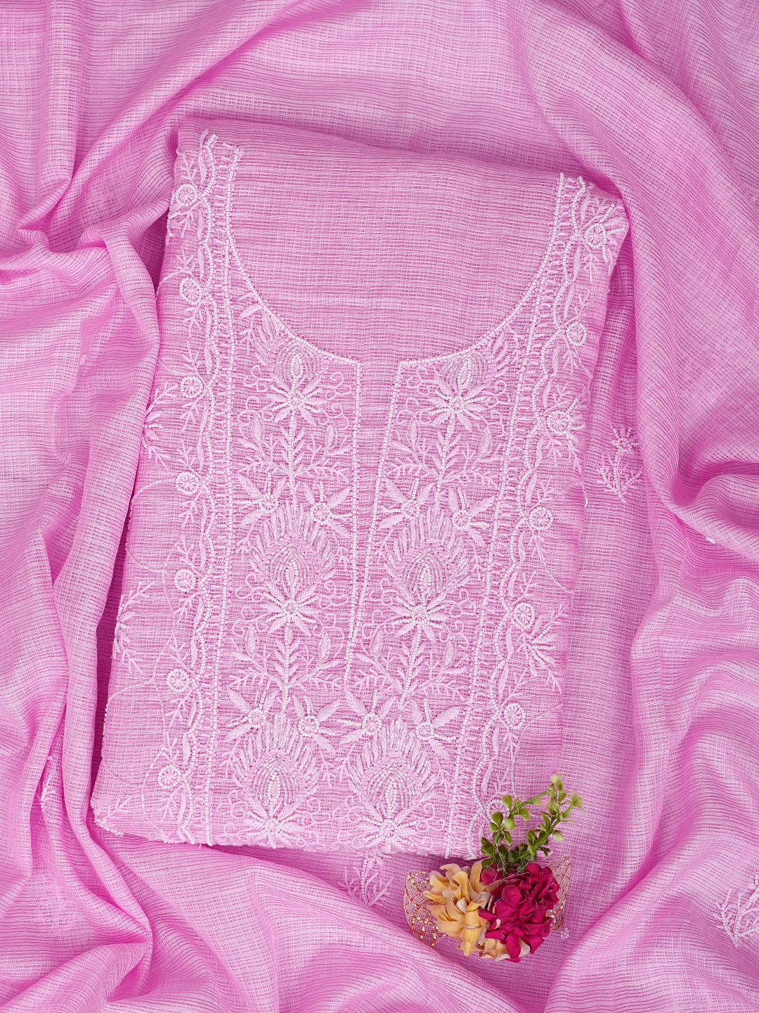 Ada Hand Embroidered Pink Kota Lucknowi Chikankari Unstitched Kurta Dupatta Set With Cutdana Work 01A911345