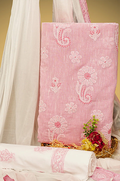 Ada Hand Embroidered Pink Linen Lucknowi Chikankari Unstitched Suit Piece 01A790999