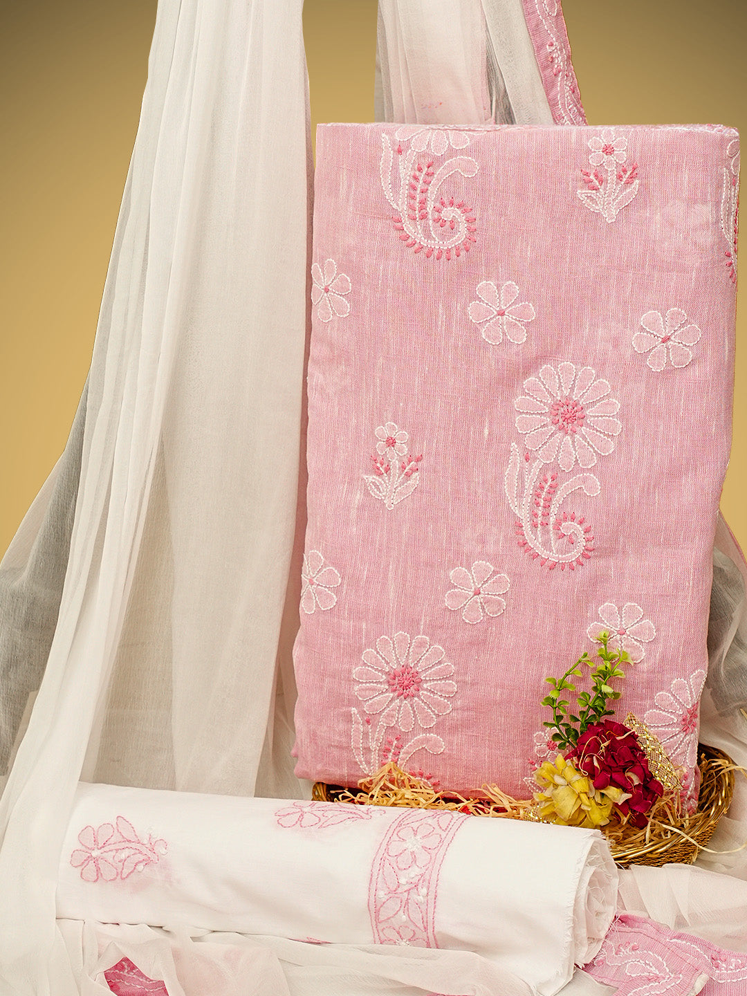 Ada Hand Embroidered Pink Linen Lucknowi Chikankari Unstitched Suit Piece 01A790999