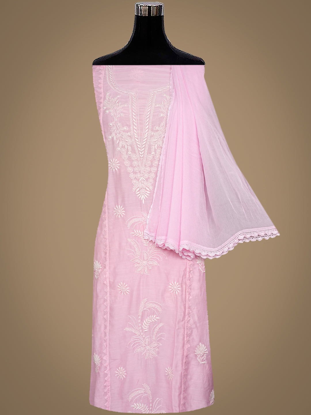 Ada Hand Embroidered Pink Maslin Lucknowi Chikankari Semi-Stitched Kurta Dupatta Set 01A435441