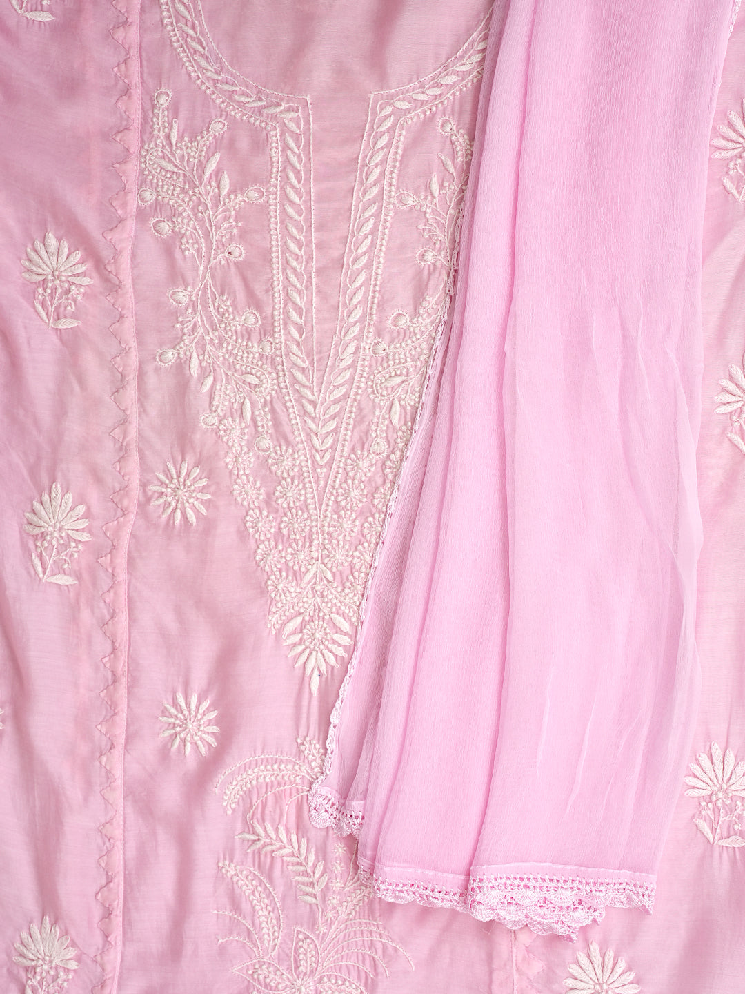 Ada Hand Embroidered Pink Maslin Lucknowi Chikankari Semi-Stitched Kurta Dupatta Set 01A435441