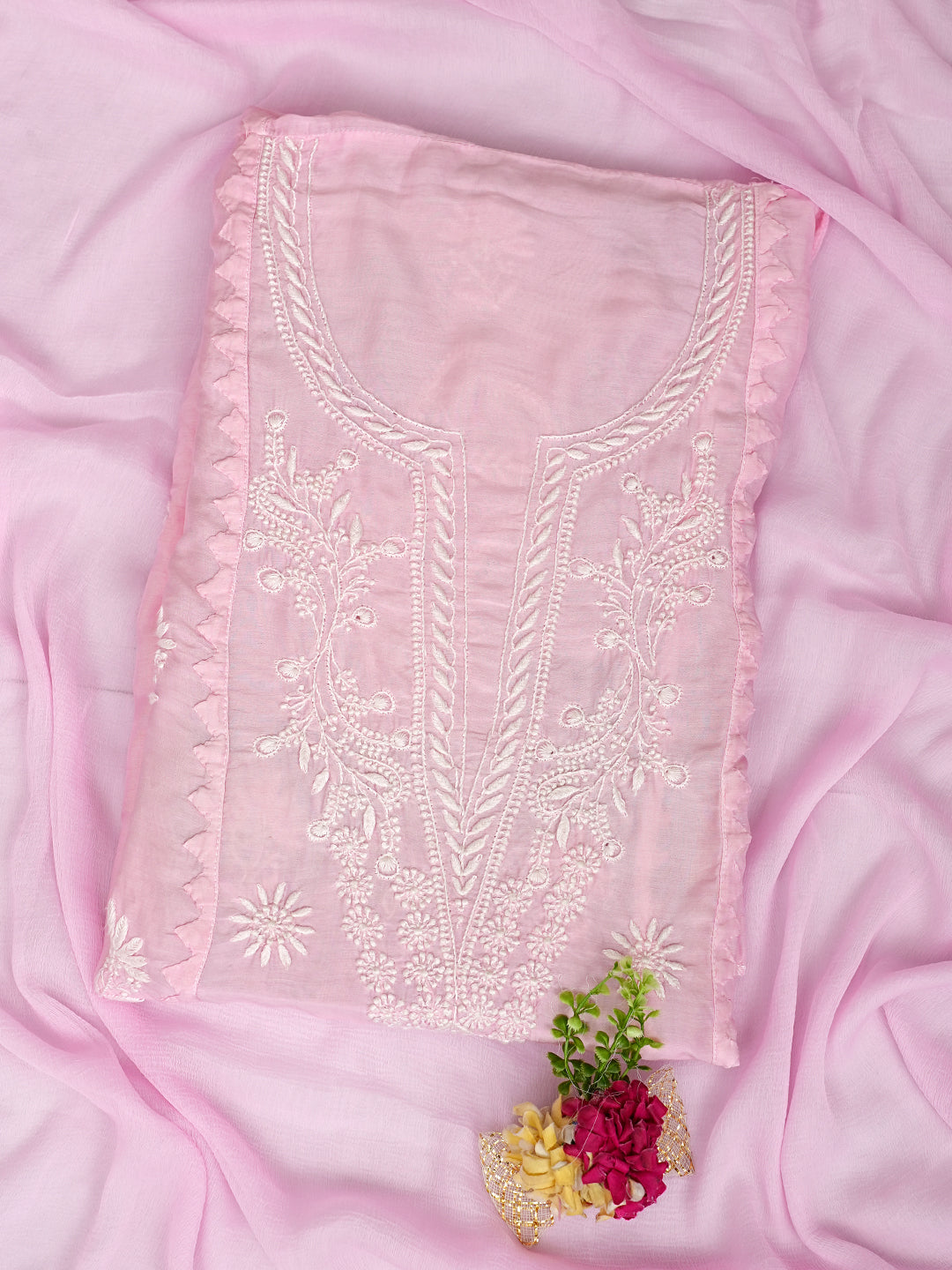 Ada Hand Embroidered Pink Maslin Lucknowi Chikankari Semi-Stitched Kurta Dupatta Set 01A435441