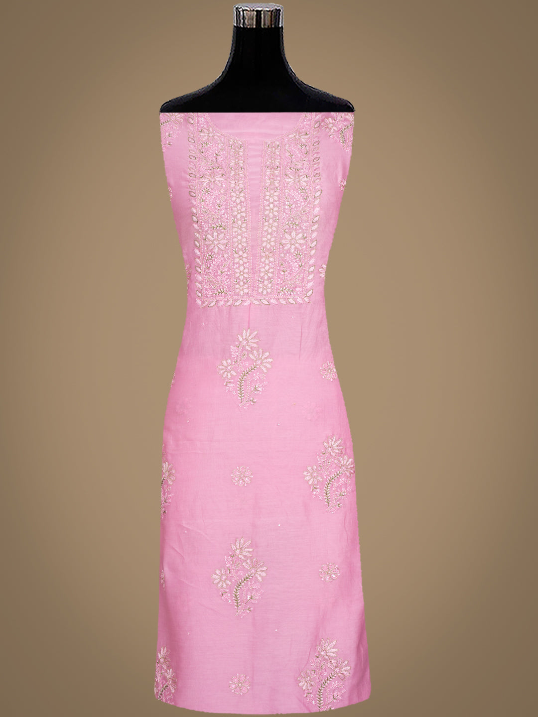 Ada Hand Embroidered Pink Mist Chanderi Lucknowi Chikankari Unstitched Kurta Dupatta Set With Zari Work 01A983133