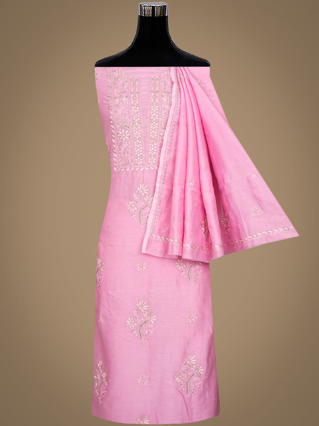 Ada Hand Embroidered Pink Mist Chanderi Lucknowi Chikankari Unstitched Kurta Dupatta Set With Zari Work 01A983133