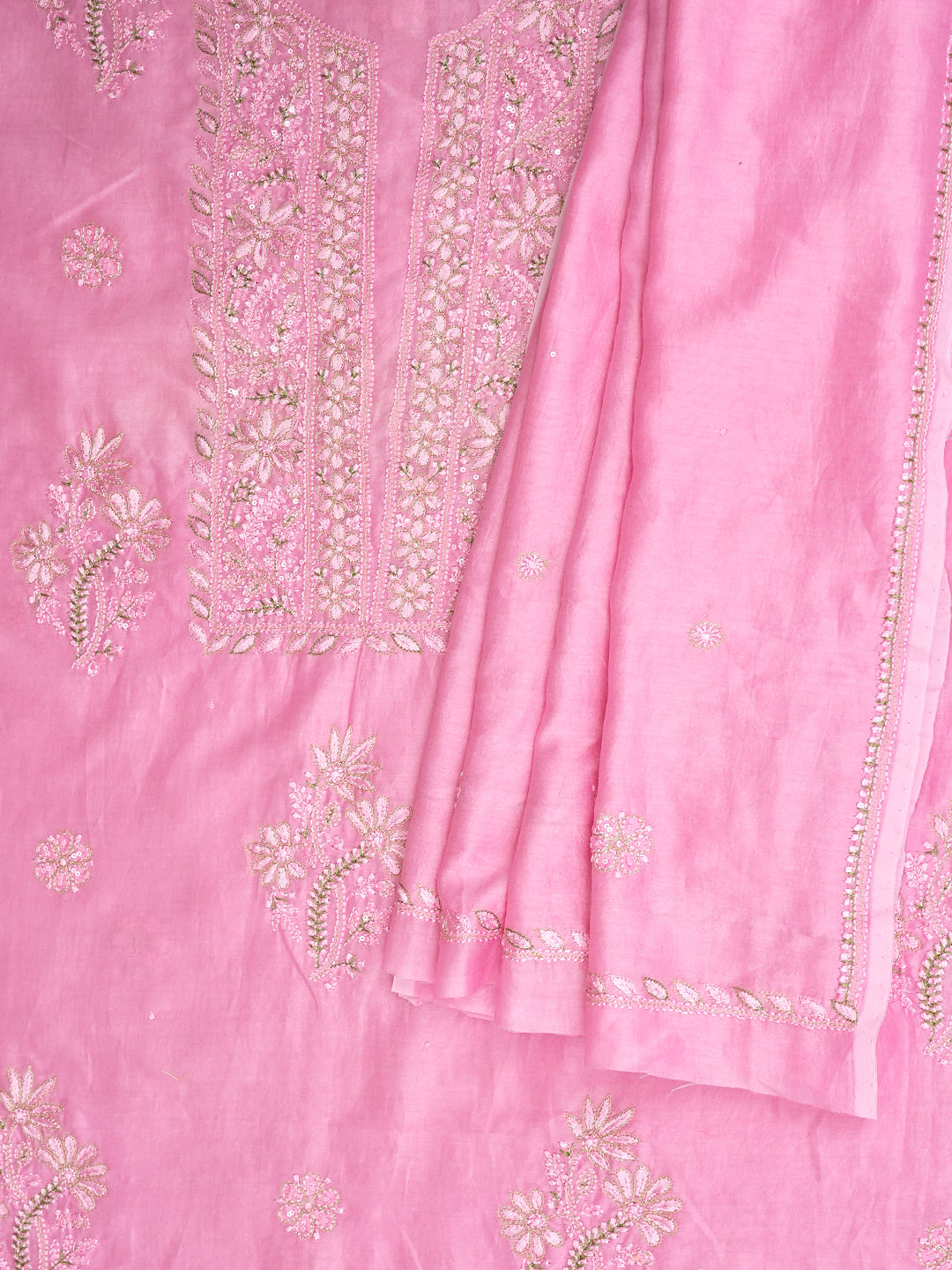 Ada Hand Embroidered Pink Mist Chanderi Lucknowi Chikankari Unstitched Kurta Dupatta Set With Zari Work 01A983133