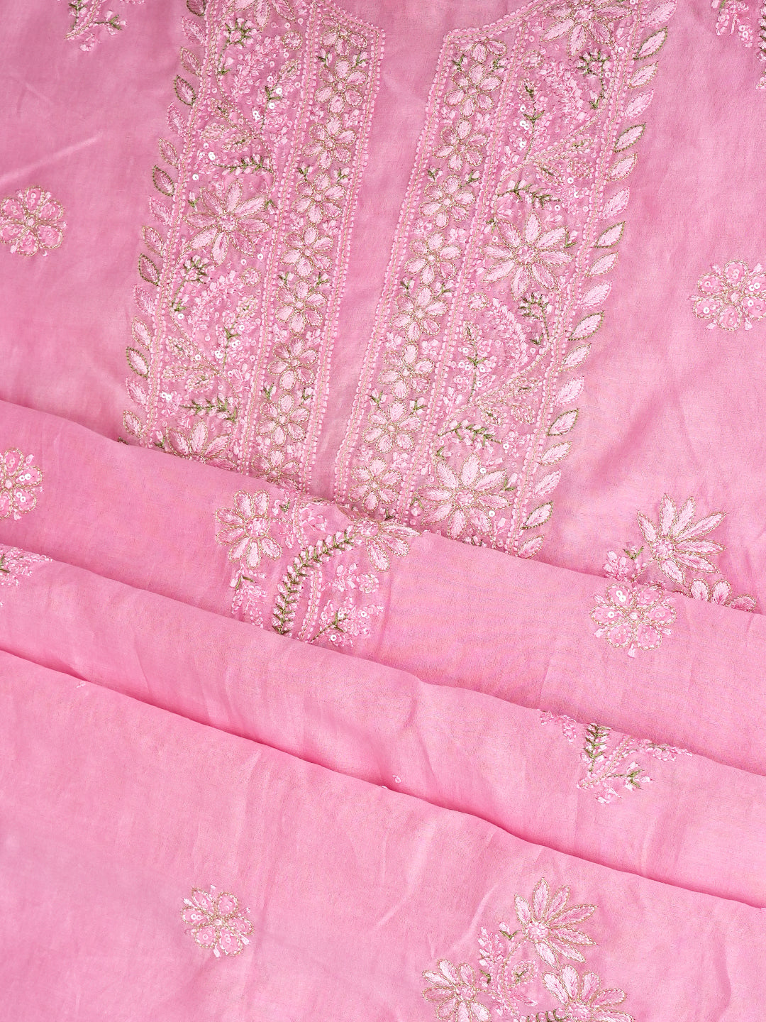 Ada Hand Embroidered Pink Mist Chanderi Lucknowi Chikankari Unstitched Kurta Dupatta Set With Zari Work 01A983133