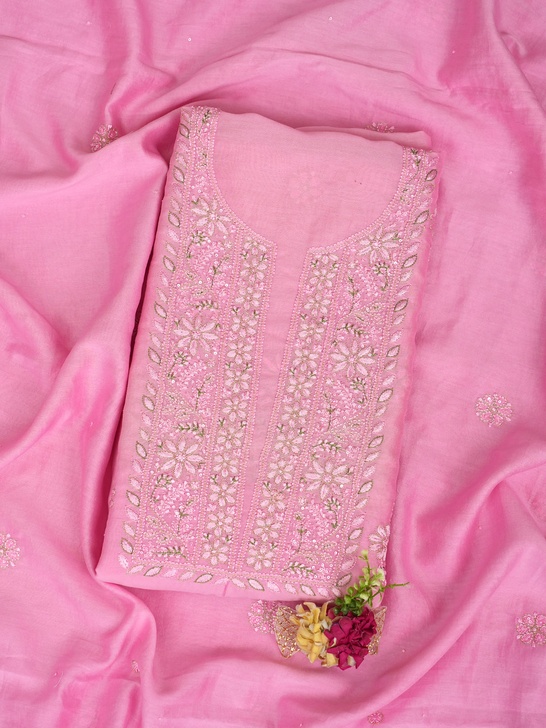 Ada Hand Embroidered Pink Mist Chanderi Lucknowi Chikankari Unstitched Kurta Dupatta Set With Zari Work 01A983133