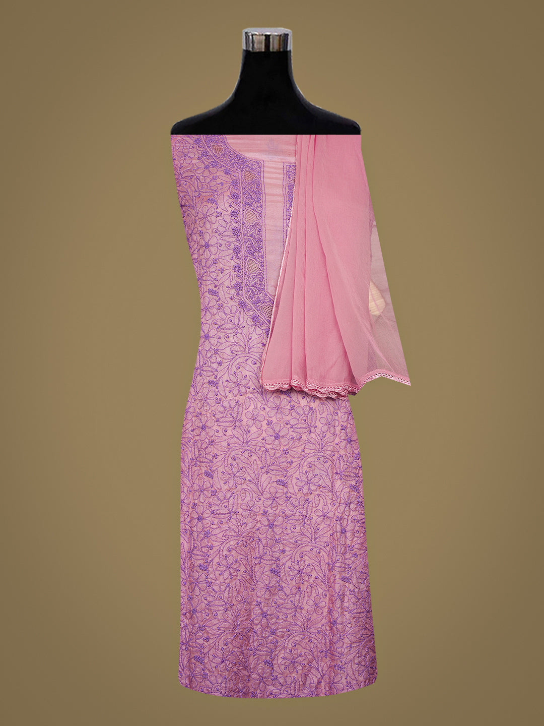 Ada Hand Embroidered Pink Mist Silk Lucknowi Chikankari Unstitched Suit Piece 01A965516