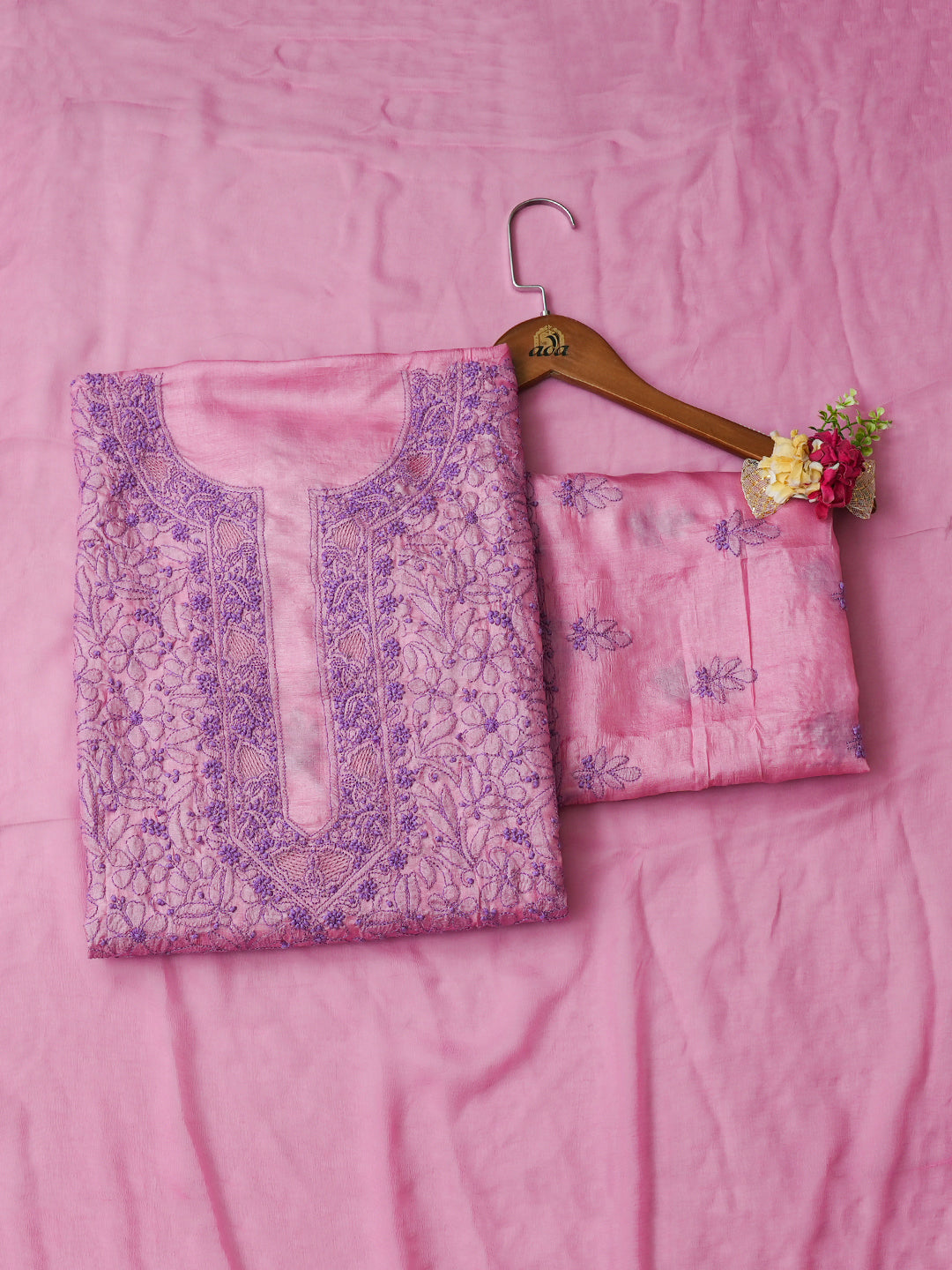 Ada Hand Embroidered Pink Mist Silk Lucknowi Chikankari Unstitched Suit Piece 01A965516