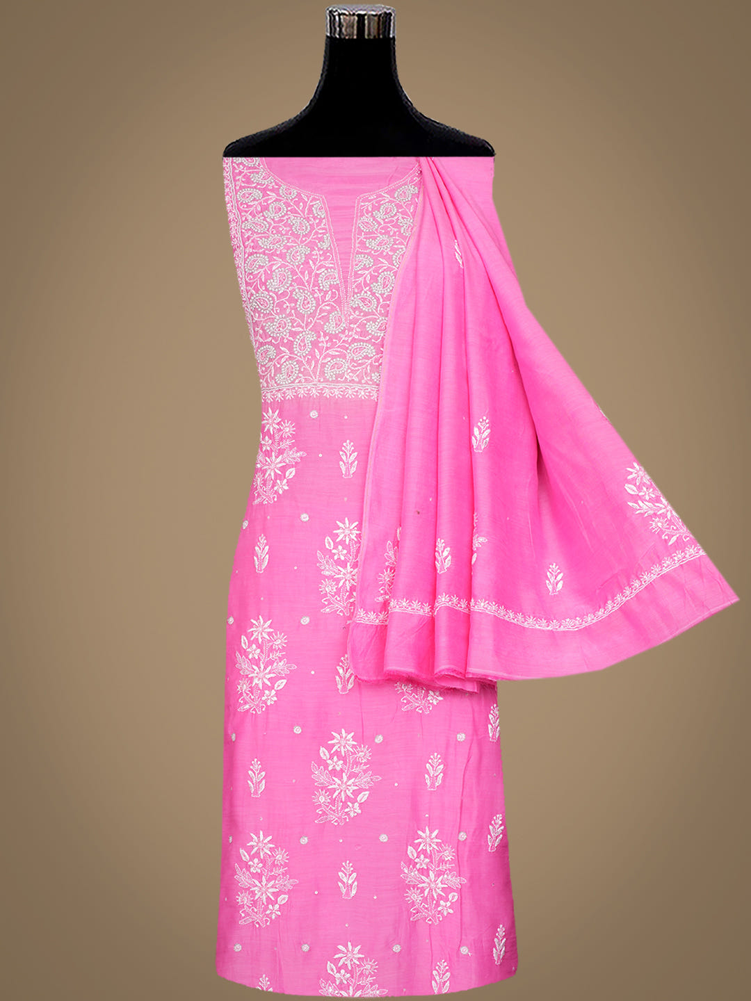 Ada Hand Embroidered Pink Muslin Lucknowi Chikankari Unstitched Kurta Dupatta With Cutdana Work 01A610258_3