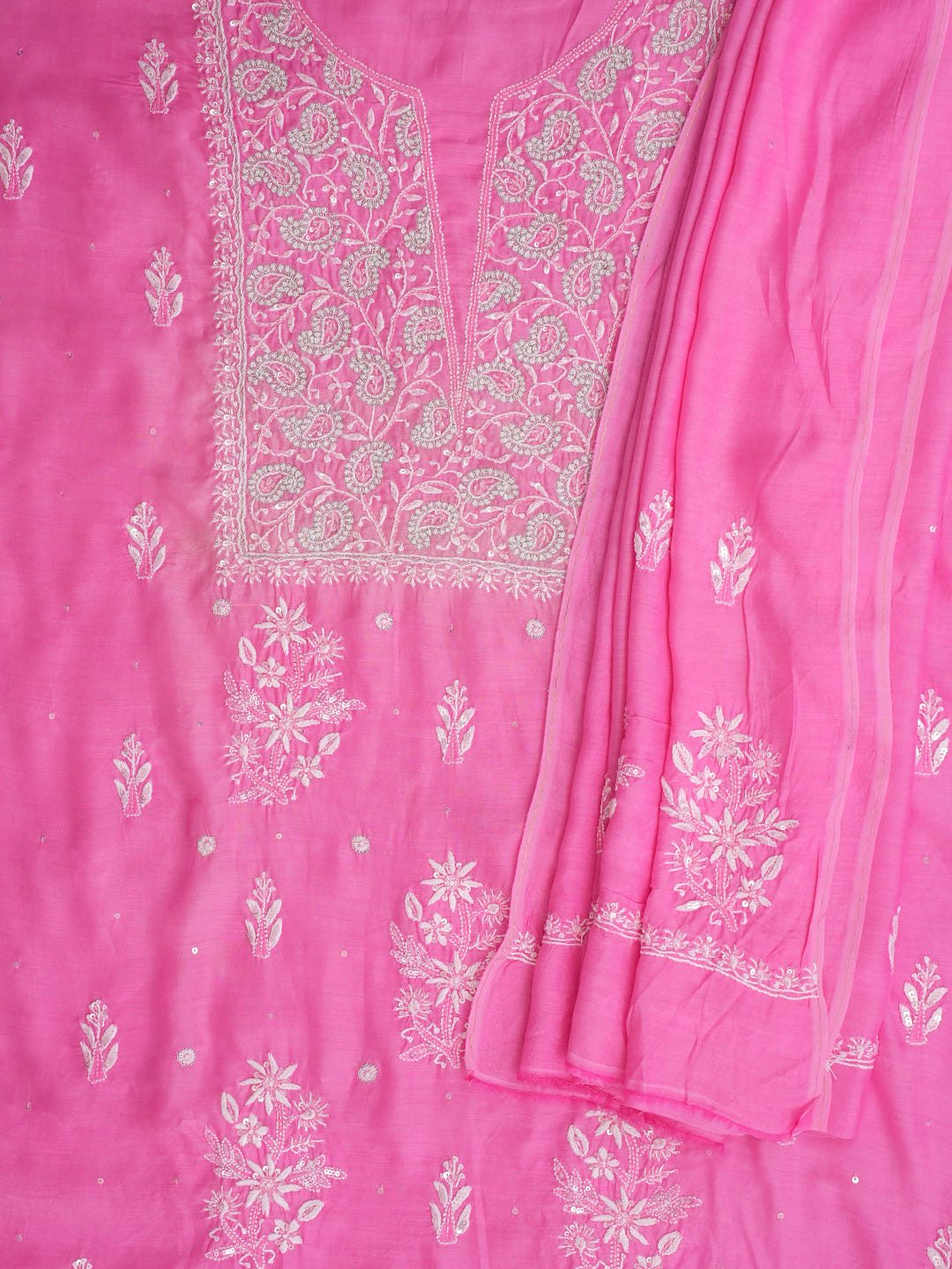 Ada Hand Embroidered Pink Muslin Lucknowi Chikankari Unstitched Kurta Dupatta With Cutdana Work 01A610258_5