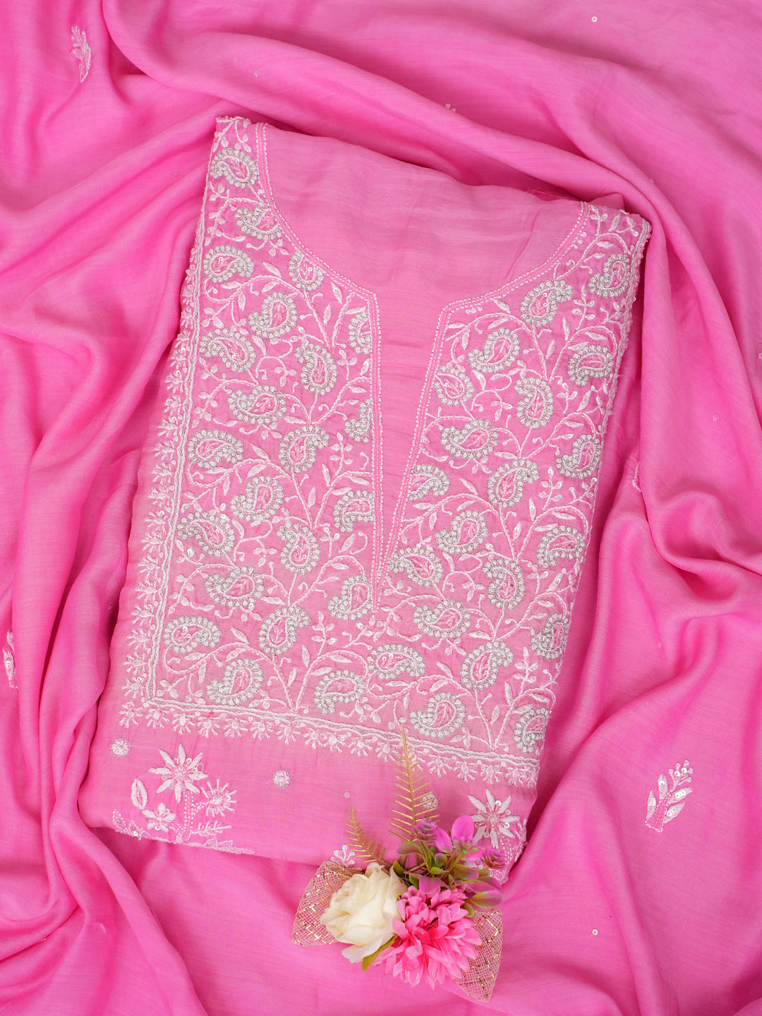 Ada Hand Embroidered Pink Muslin Lucknowi Chikankari Unstitched Kurta Dupatta With Cutdana Work 01A610258_1