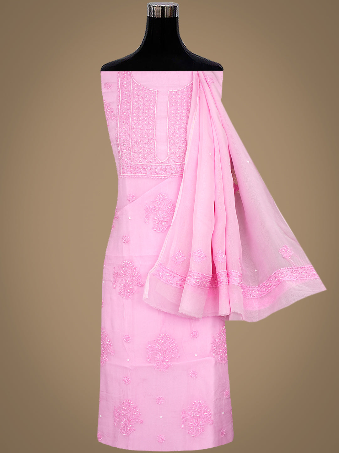 Ada Hand Embroidered Pink Organza Lucknowi Chikankari Unstitched Kurta Dupatta Set With Pearl Work 01A937223