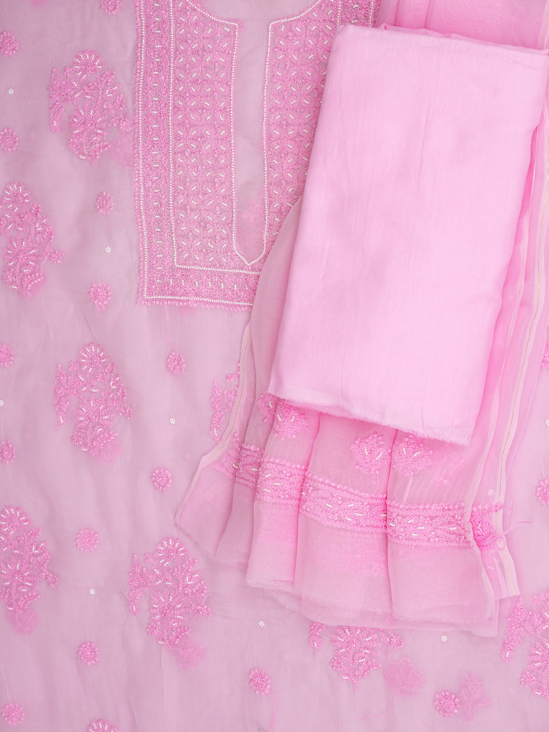 Ada Hand Embroidered Pink Organza Lucknowi Chikankari Unstitched Kurta Dupatta Set With Pearl Work 01A937223