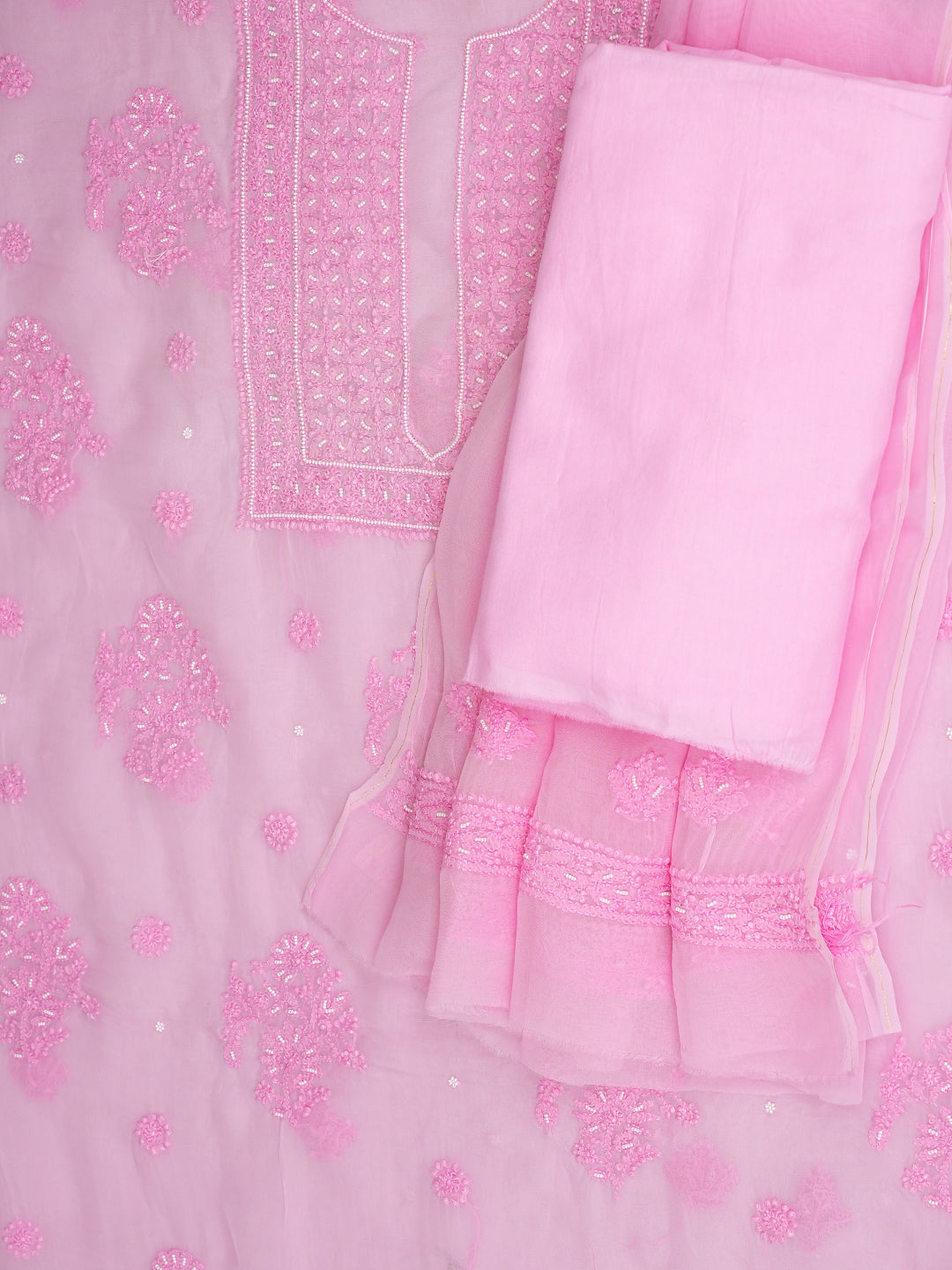 Ada Hand Embroidered Pink Organza Lucknowi Chikankari Unstitched Kurta Dupatta Set With Pearl Work 01A937223