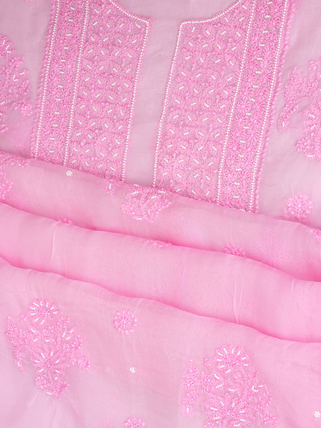Ada Hand Embroidered Pink Organza Lucknowi Chikankari Unstitched Kurta Dupatta Set With Pearl Work 01A937223
