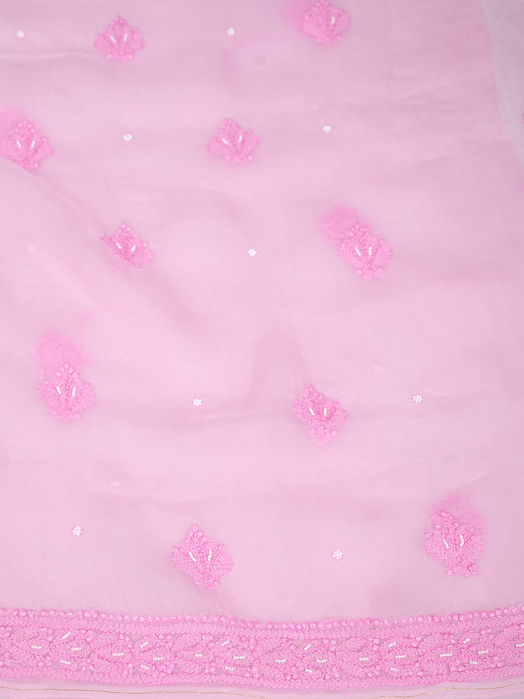Ada Hand Embroidered Pink Organza Lucknowi Chikankari Unstitched Kurta Dupatta Set With Pearl Work 01A937223
