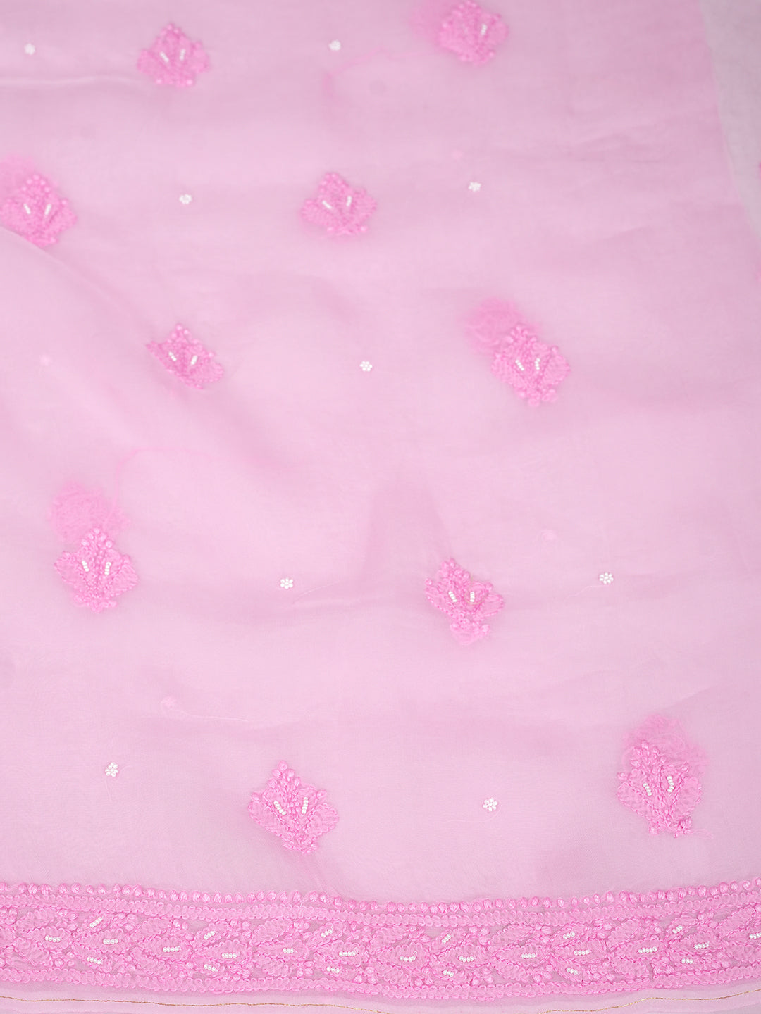 Ada Hand Embroidered Pink Organza Lucknowi Chikankari Unstitched Kurta Dupatta Set With Pearl Work 01A937223