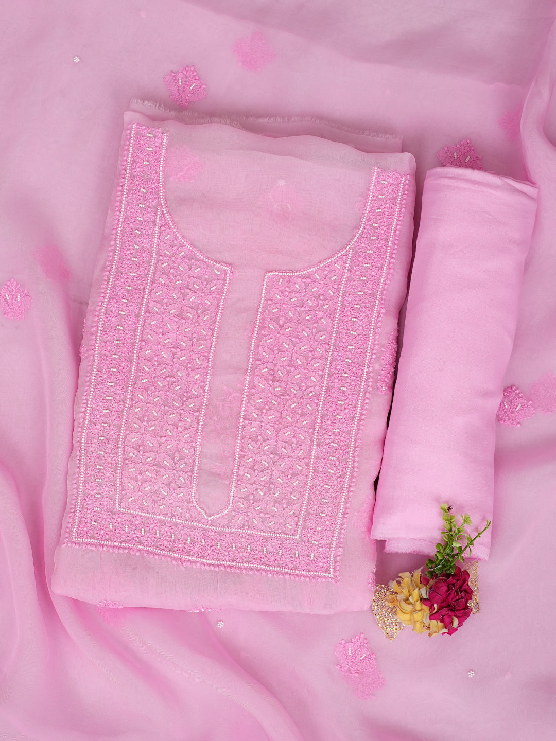 Ada Hand Embroidered Pink Organza Lucknowi Chikankari Unstitched Kurta Dupatta Set With Pearl Work 01A937223