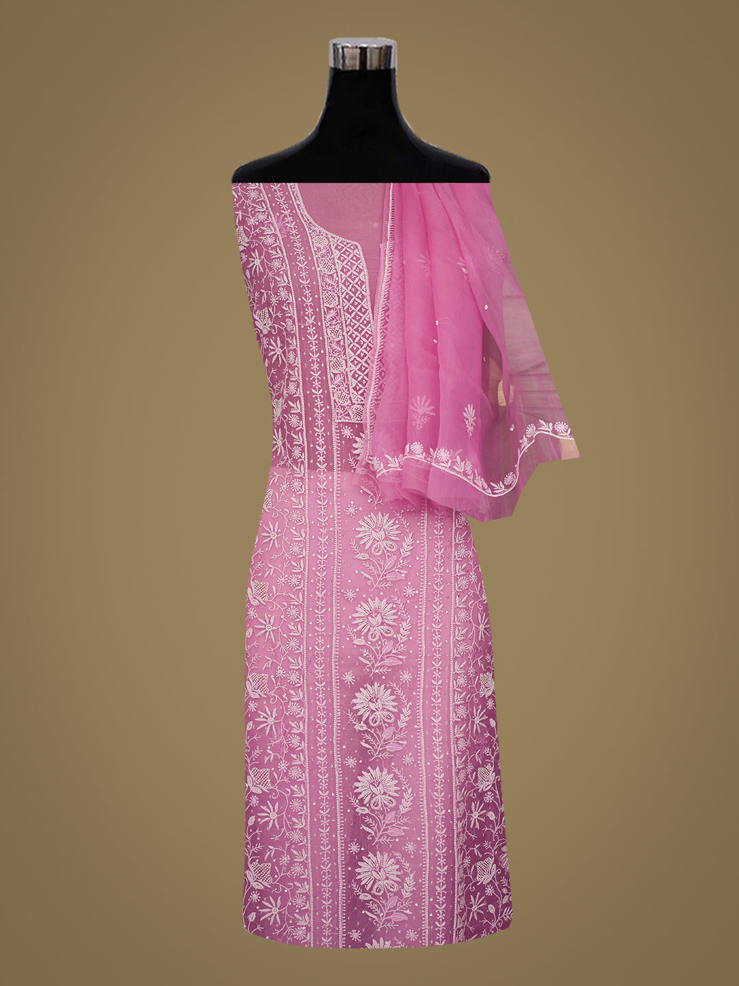 Ada Hand Embroidered Pink Organza Lucknowi Chikankari Unstitched Kurta Dupatta Set With Pearl Work 01A987696