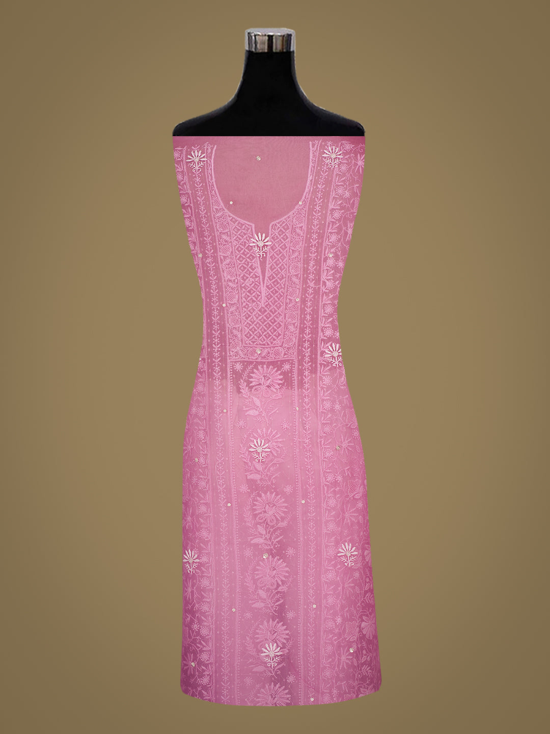 Ada Hand Embroidered Pink Organza Lucknowi Chikankari Unstitched Kurta Dupatta Set With Pearl Work 01A987696