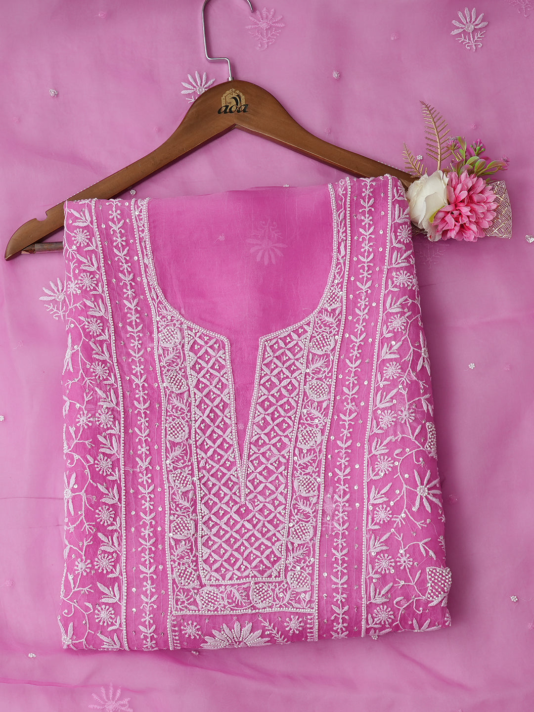 Ada Hand Embroidered Pink Organza Lucknowi Chikankari Unstitched Kurta Dupatta Set With Pearl Work 01A987696