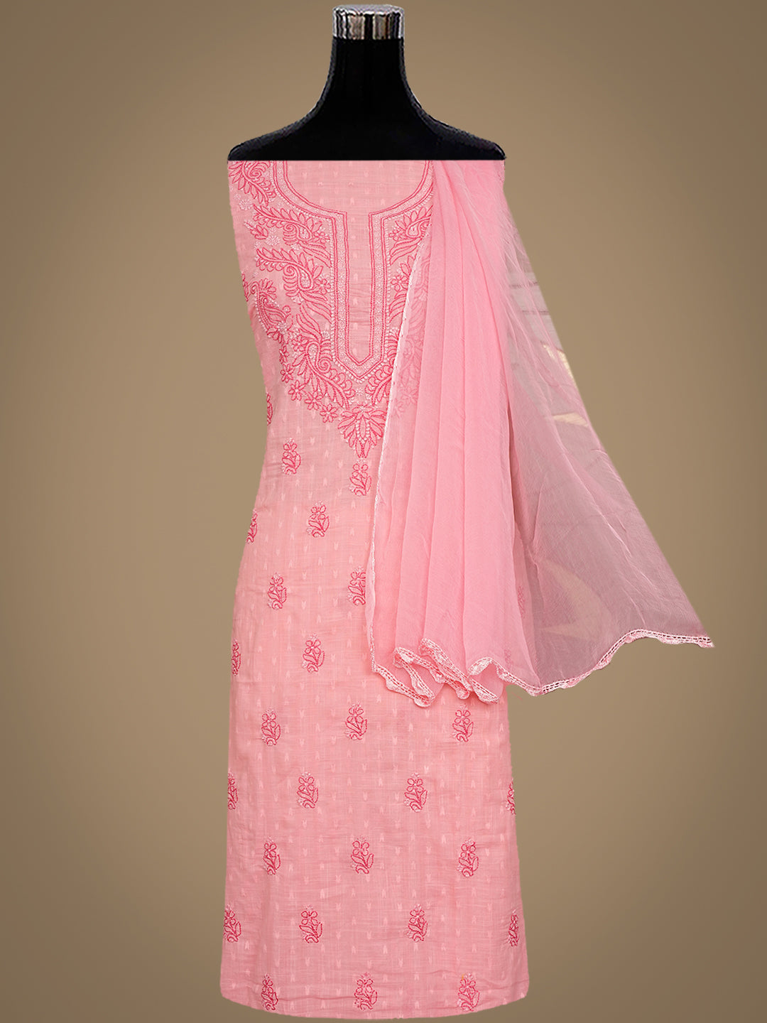 Ada Hand Embroidered Pink Peach Cotton Lucknowi Chikankari Unstitched Suit Piece 01A988321