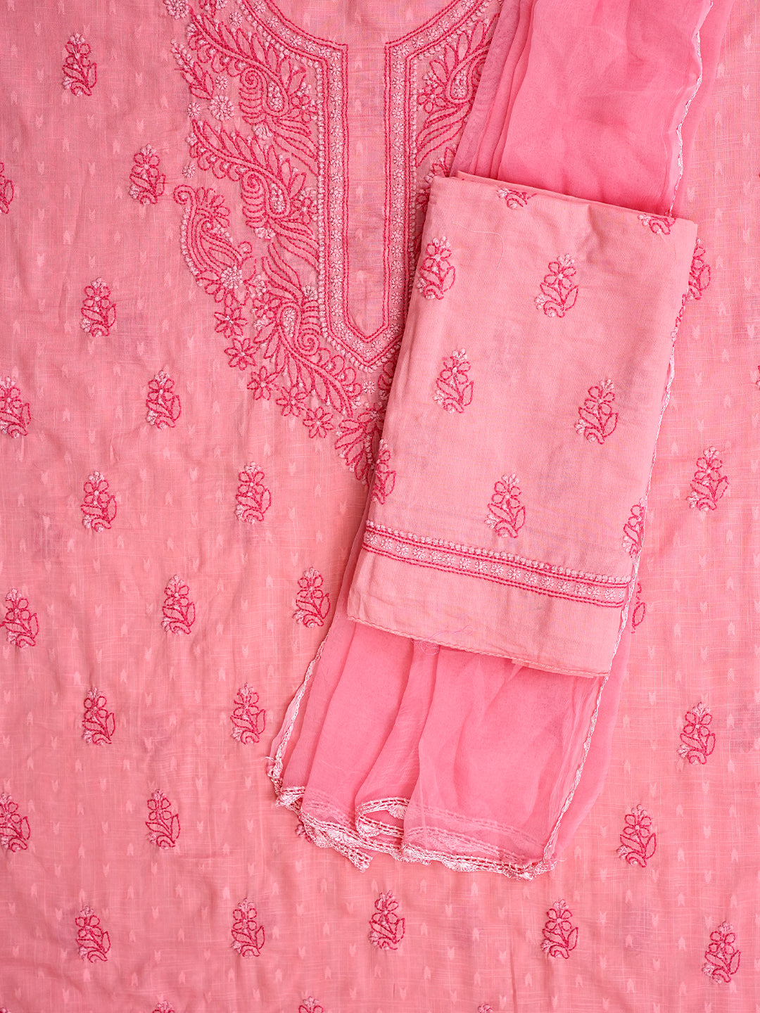 Ada Hand Embroidered Pink Peach Cotton Lucknowi Chikankari Unstitched Suit Piece 01A988321