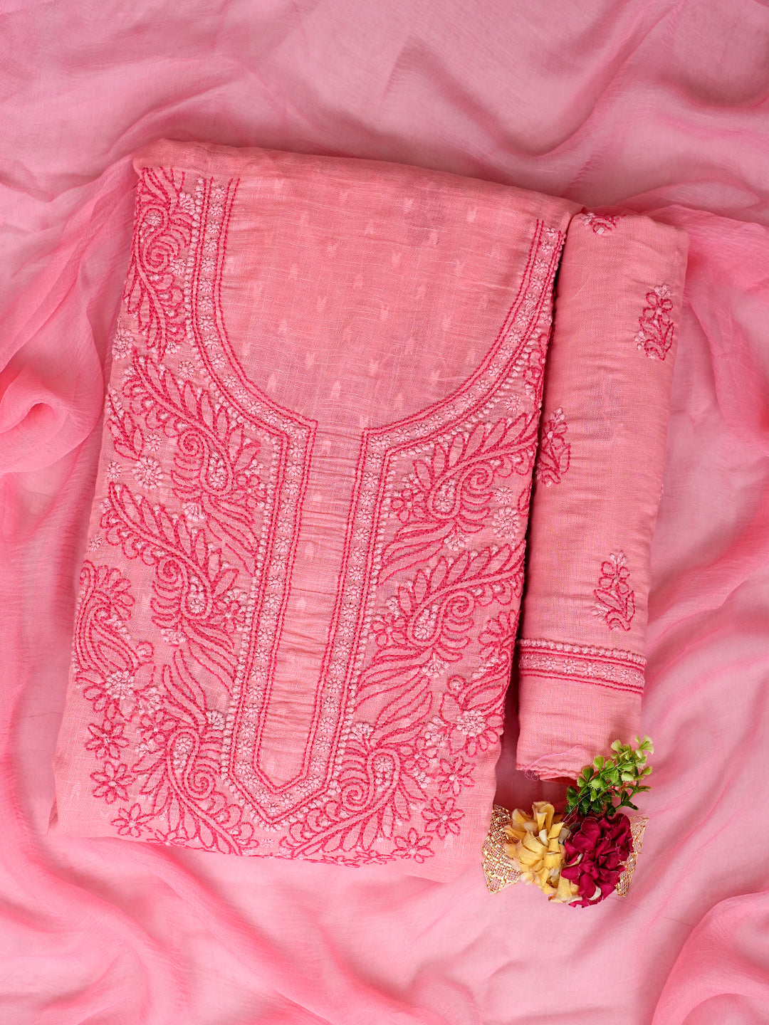 Ada Hand Embroidered Pink Peach Cotton Lucknowi Chikankari Unstitched Suit Piece 01A988321