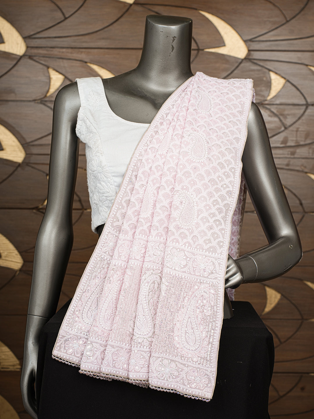 Ada Hand Embroidered Pink Pure Georgette Lucknowi Chikankari Dupatta With Zari Work 01A860147