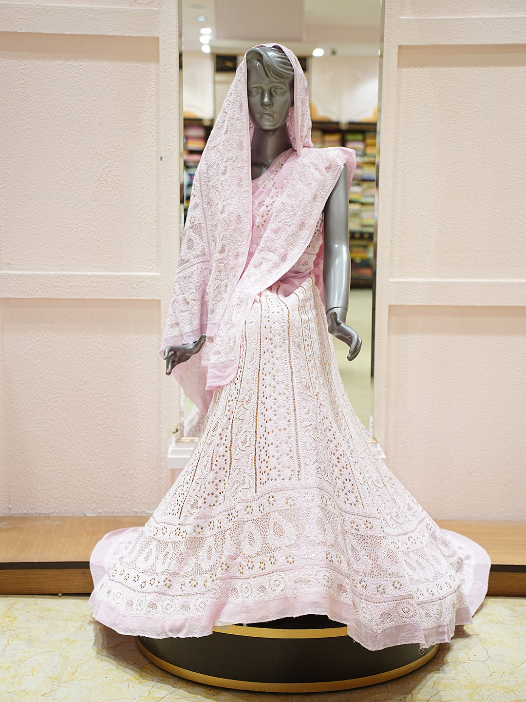 Ada Hand Embroidered Pink Pure Georgette Lucknowi Chikankari Lehenga Set With Muqaish/Mukaish Work_1